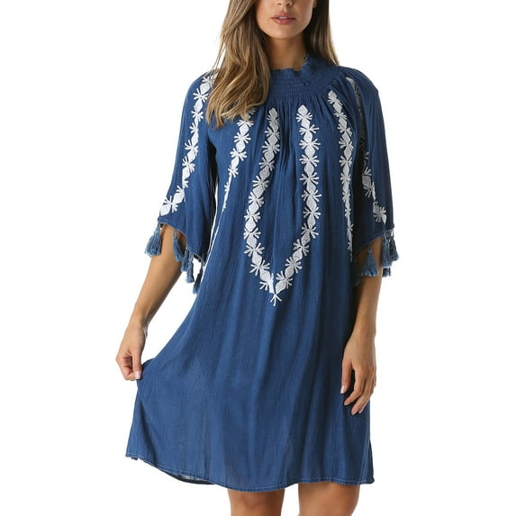 Riviera Sun Embroidered Casual Dress with Smocking Top (Dark Denim / White, Small)