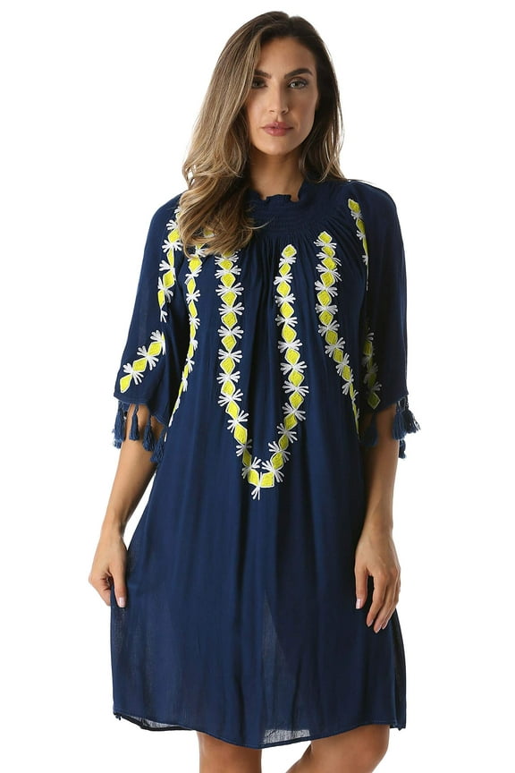 Embroidered Casual Dress with Smocking Top (Navy / White / Yellow, Small)