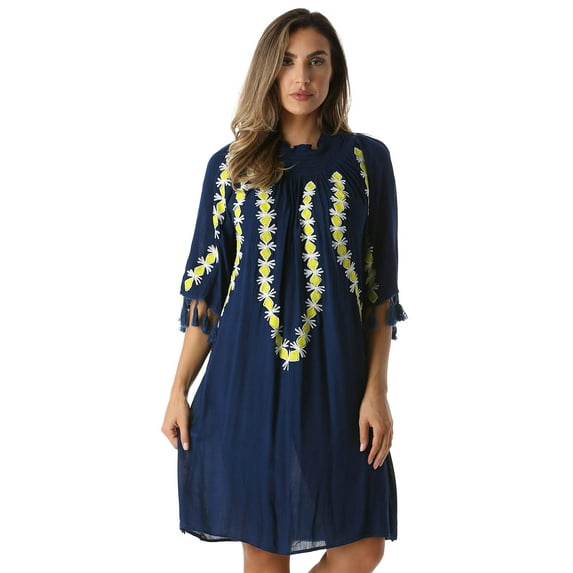Riviera Sun Embroidered Casual Dress with Smocking Top (Navy / White / Yellow, Small)