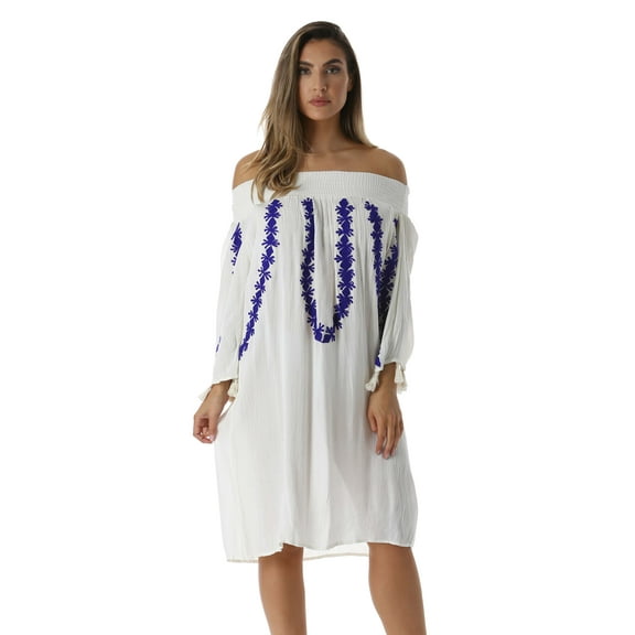 Riviera Sun Embroidered Casual Dress with Smocking Top (White / Navy, Small)