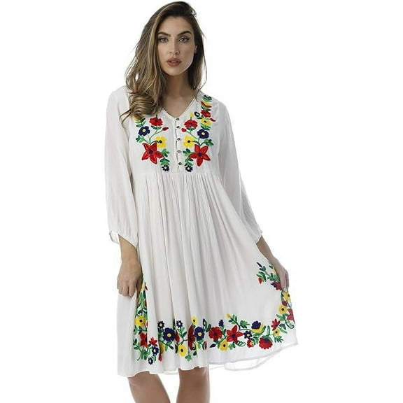 Riviera Sun Embroidered Dress with 3/4 Sleeve (White, 2X)
