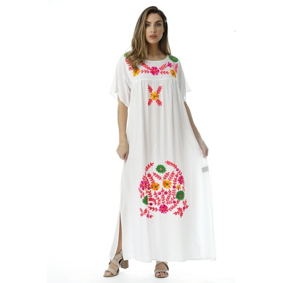 Riviera Sun Embroidered Maxi Dress with Double Side Slits (White, X-large)