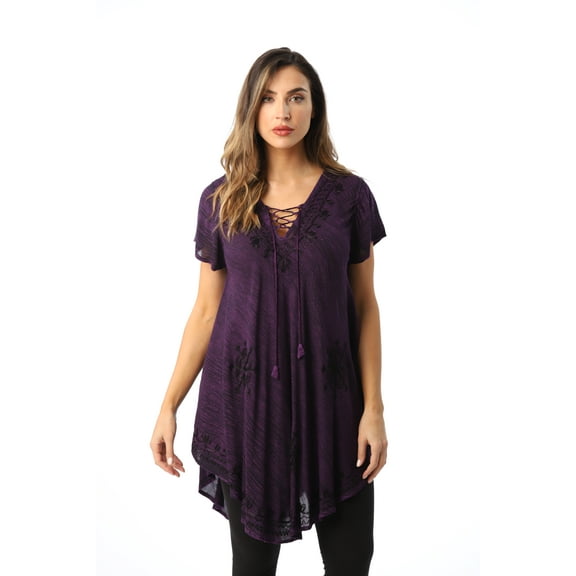 Riviera Sun Lace-Up Casual Tunic Top with Embroidery