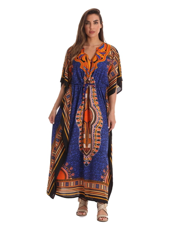 Long Dashiki Caftan / Caftans for Women (Black - Multi, 2X - 3X)
