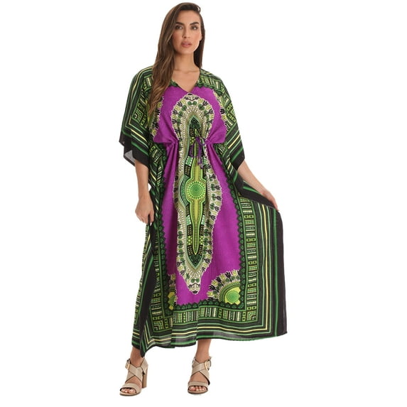 Riviera Sun Long Dashiki Caftan / Caftans for Women (Blue - Multi, 2X - 3X)