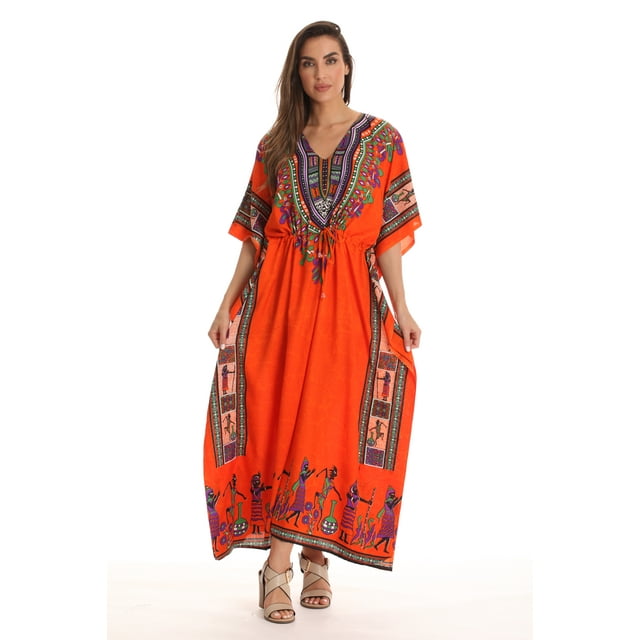Riviera Sun Long Dashiki Caftan / Caftans for Women (Orange Caftan, Small - Medium)