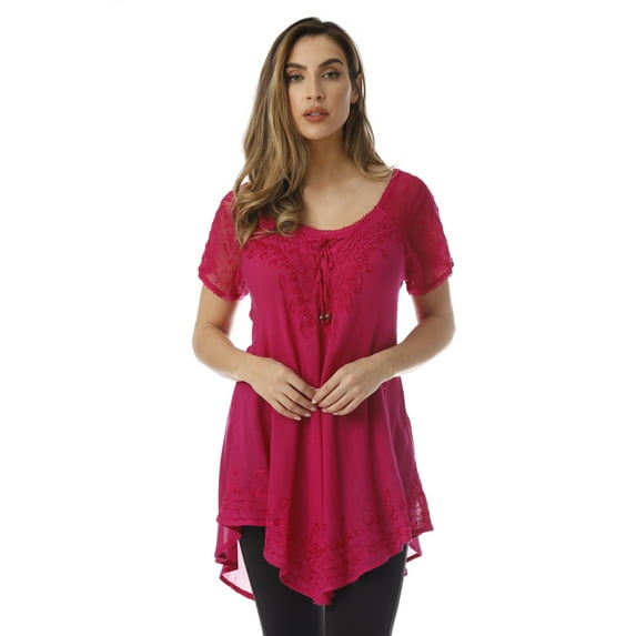 Riviera Sun Loose Fit Mesh Sleeve Lace up Embroidered Tunic Top Blouse Shirt (Fuchsia, Small)