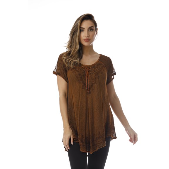 Riviera Sun Loose Fit Mesh Sleeve Lace up Embroidered Tunic Top Blouse Shirt (Rust, Small)
