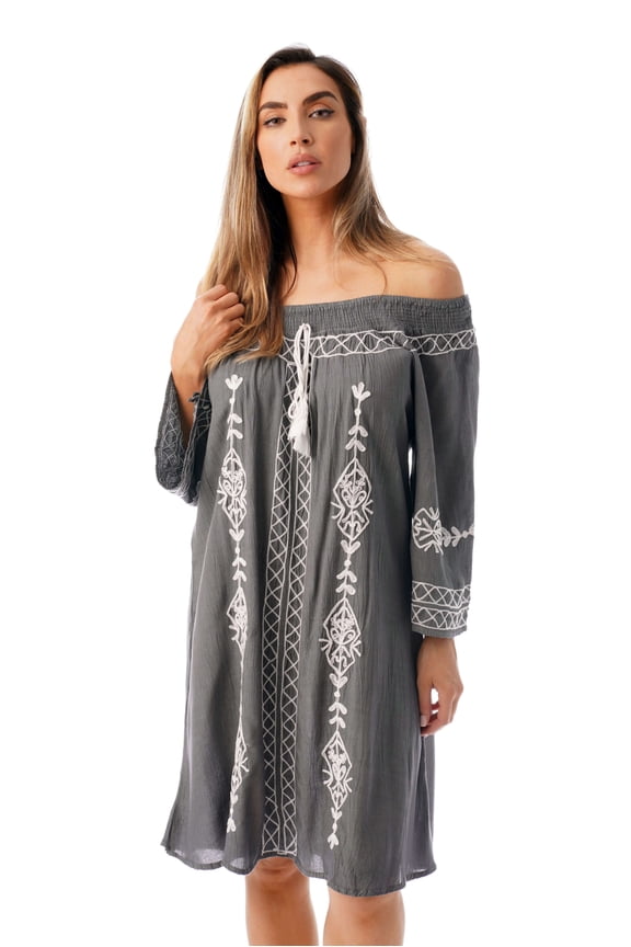 Off Shoulder Solid Short Dress 21822-BW (Grey / White, X-Large)