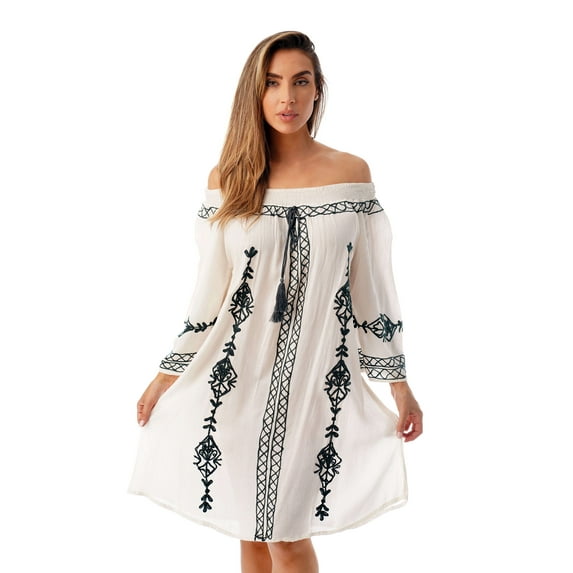 Riviera Sun Off Shoulder Solid Short Dress 21822-BW (Large, White / Charcoal)