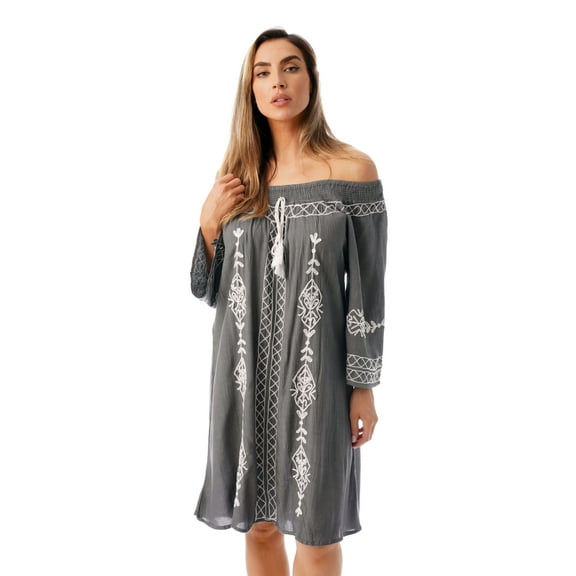 Riviera Sun Off Shoulder Solid Short Dress 21822-GW-M (Grey / White, Small)