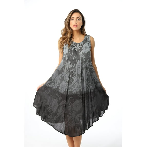 Riviera Sun Ombre Tie Dye Summer Dress with Floral Painted Design (Black, 2X)