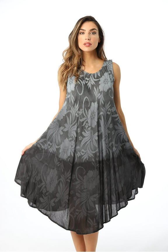 Ombre Tie Dye Summer Dress with Floral Painted Design (Black, Small)