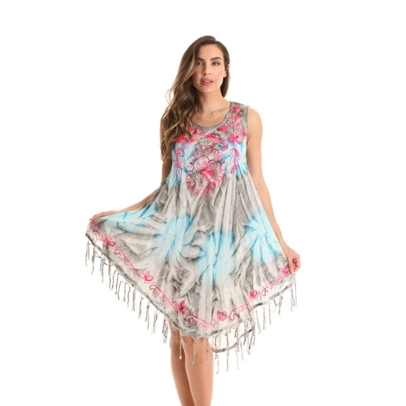 Riviera Sun Ombre Tie Dye Summer Dress with Floral Painted Design (Black and Blue, 1X)