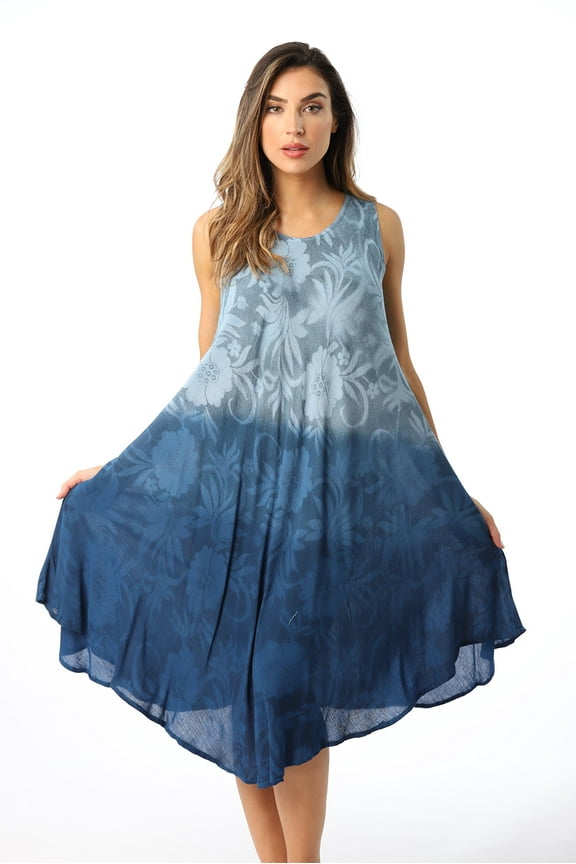 Ombre Tie Dye Summer Dress with Floral Painted Design (Blue, Small)