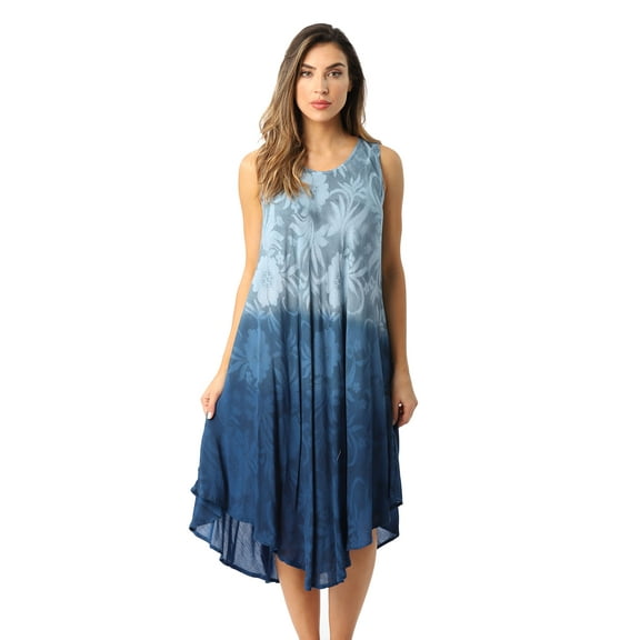 Riviera Sun Ombre Tie Dye Summer Dress with Floral Painted Design (Blue, X-Large)