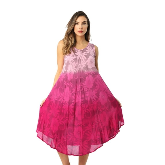Riviera Sun Ombre Tie Dye Summer Dress with Floral Painted Design (Fuchsia, Small)