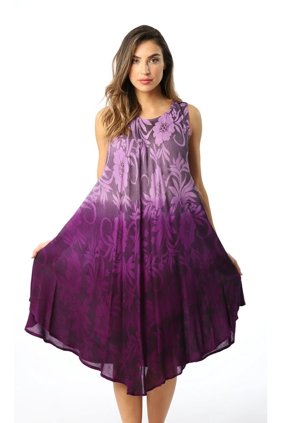 Ombre Tie Dye Summer Dress with Floral Painted Design (Purple, 2X)