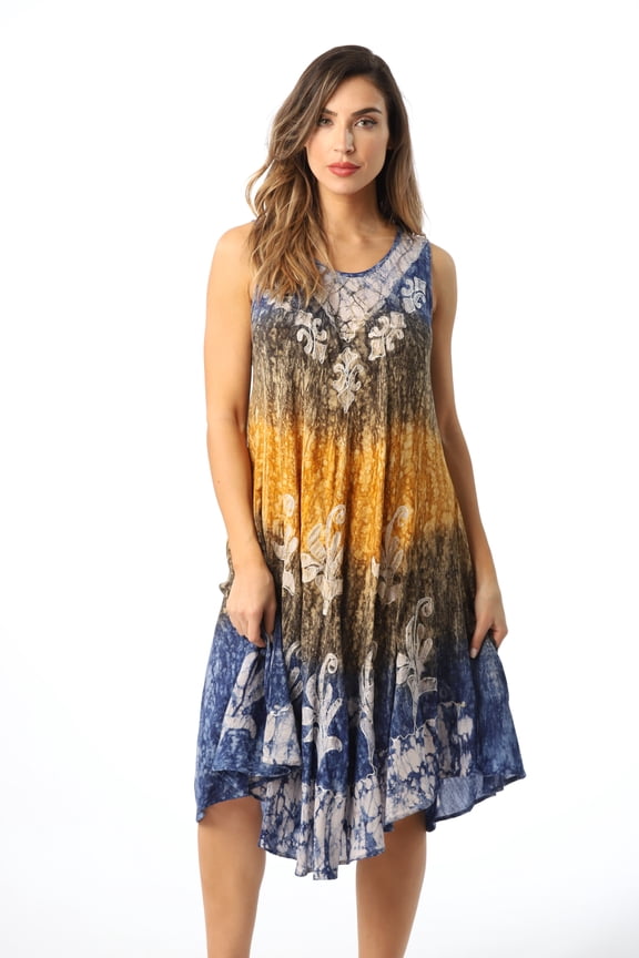 Rayon Crepe Marble Sleeveless Umbrella Dress (Medium, Blue / Mustard)