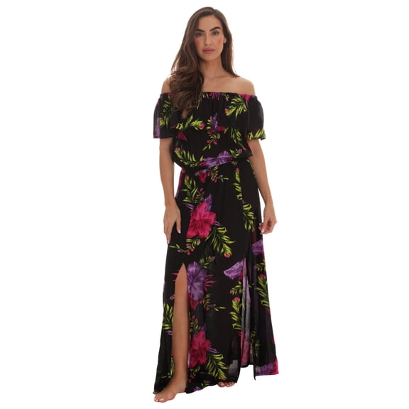 Riviera Sun Rayon Crepe Printed Maxi Dress for Women (2X, Black - Purple Floral)