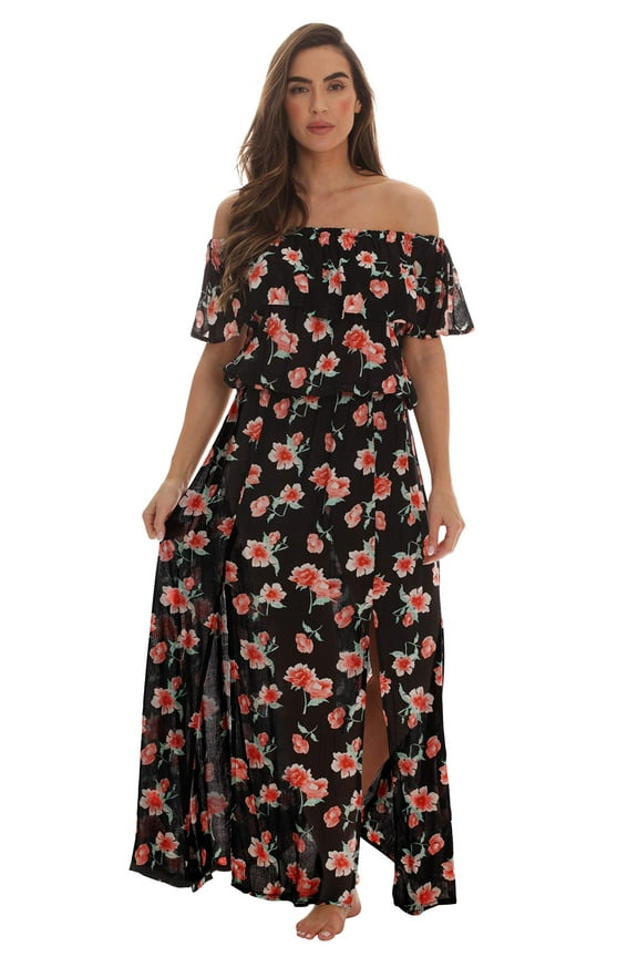Rayon Crepe Printed Maxi Dress for Women (Black - Floral, X-Large)