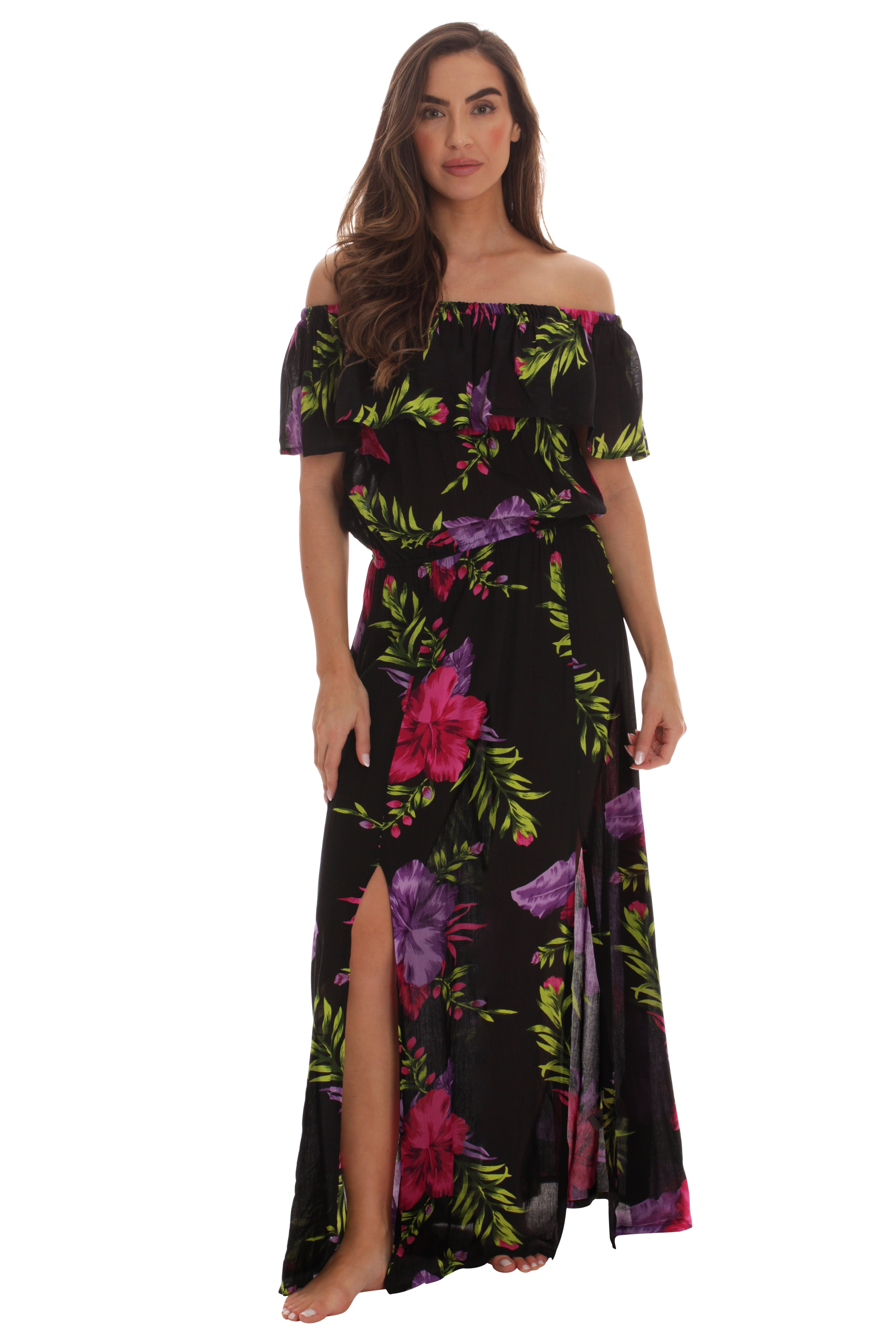 Riviera Sun Rayon Crepe Printed Maxi Dress for Women (X-Large, Black - Purple Floral)