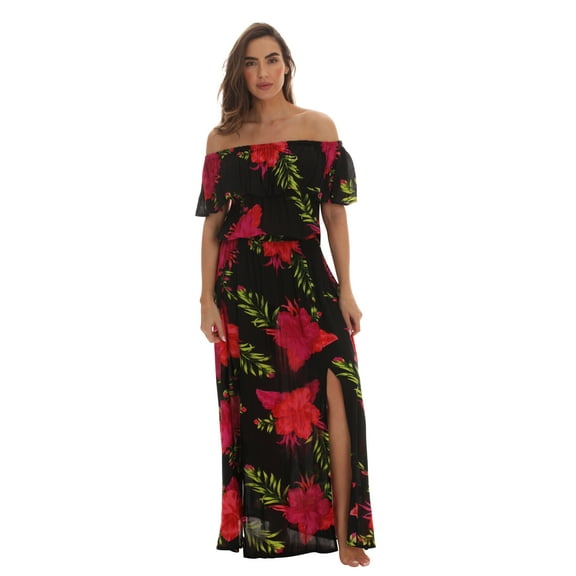 Riviera Sun Rayon Crepe Printed Maxi Dress for Women (X-Large, Black - Red Floral)