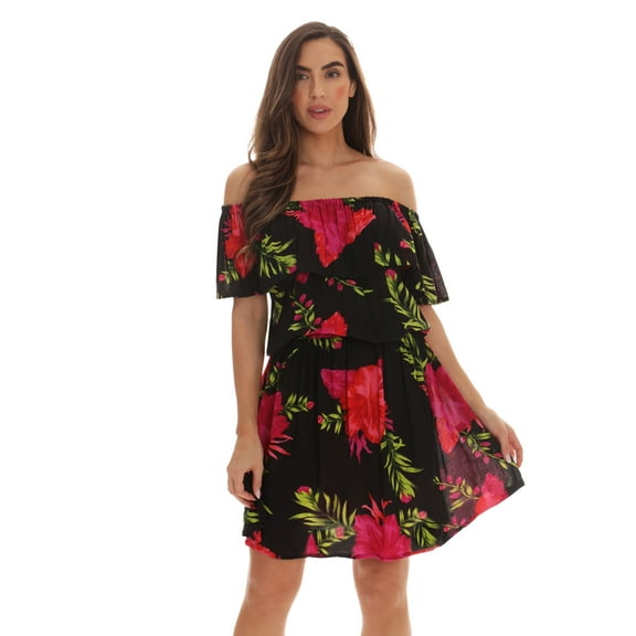 Riviera Sun Rayon Crepe Printed Short Dress for Women (Large, Black - Red Floral)