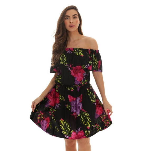 Riviera Sun Rayon Crepe Printed Short Dress for Women (Medium, Black - Purple Floral)
