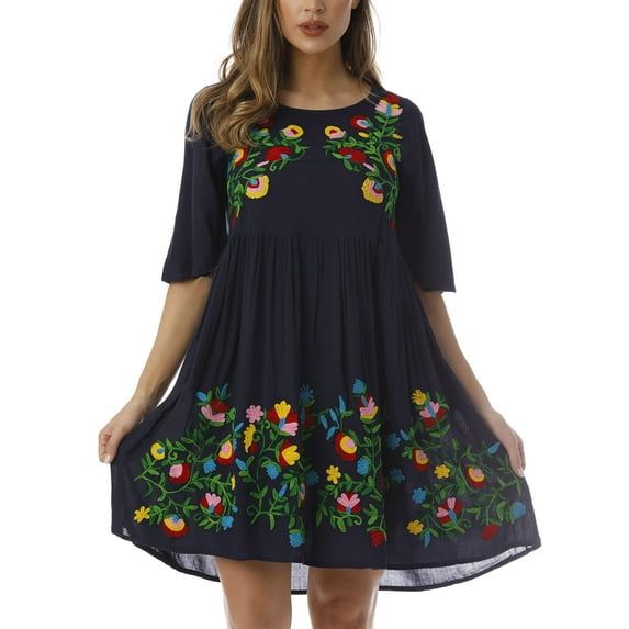 Riviera Sun Rayon Crepe Short Dress with Multicolored Embroidery (Navy, Medium)