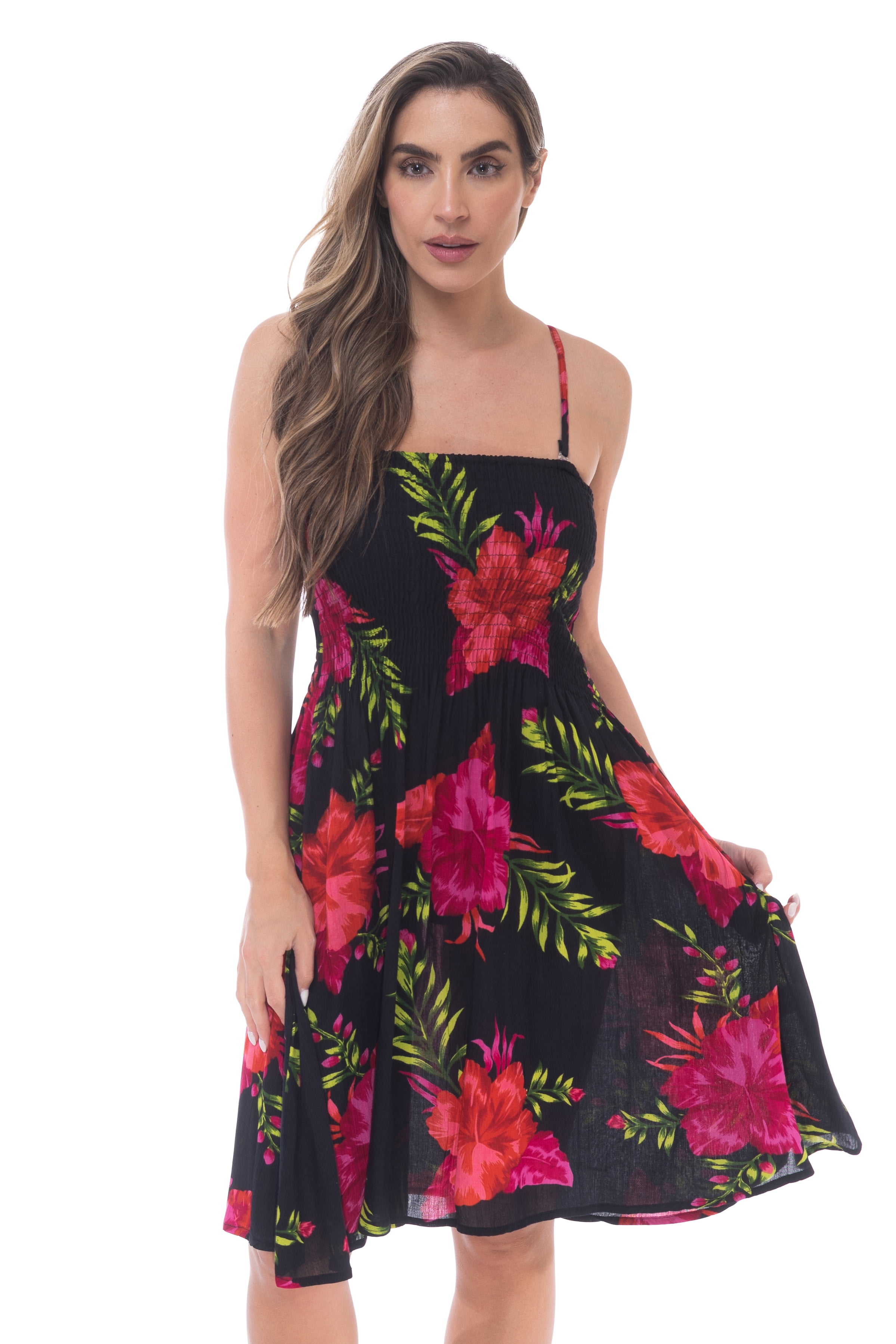 Riviera Sun Rayon Crepe Short Smocking Dresses for Women 21994-8110-RED-XL (Red - Floral 3, X-Large)