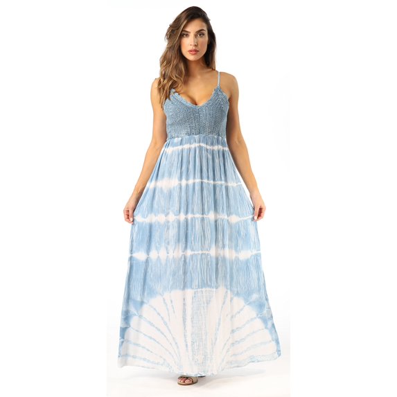 Riviera Sun Rayon Crepe Spaghetti Strap Maxi Dress (Light Denim, Large)
