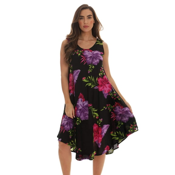Riviera Sun Rayon Crepe Umbrella Dresses for Women 21993-8110-PRP-S (Black - Floral 3, Small)