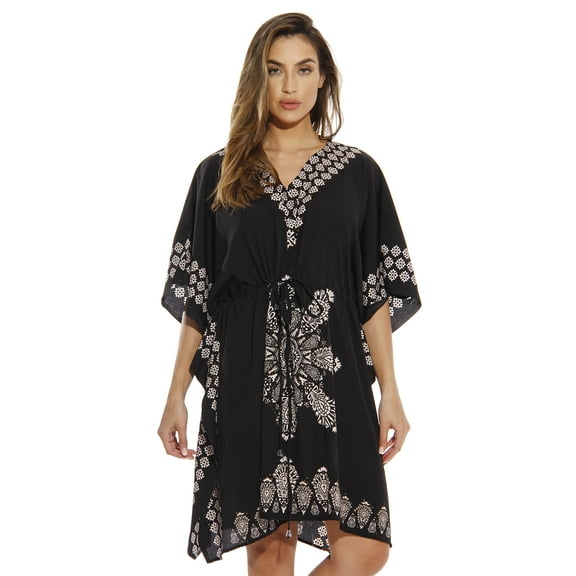 Riviera Sun Short Caftan Dress for Women with Medallion Print (Black, Small)