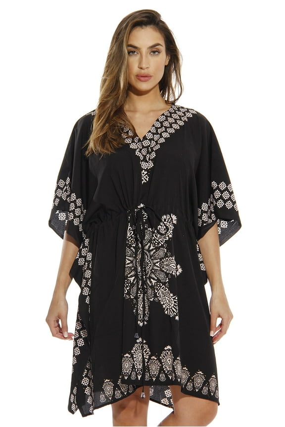 Short Caftan Dress for Women with Medallion Print (Black, Small)