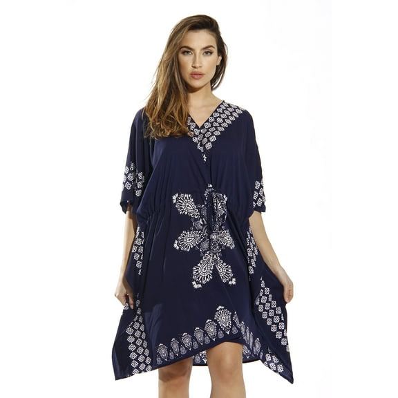 Riviera Sun Short Caftan Dress for Women with Medallion Print (Navy, 3X)