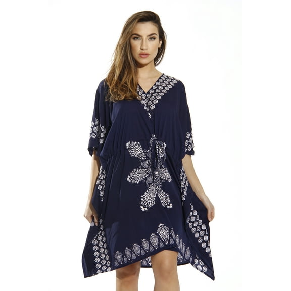 Riviera Sun Short Caftan Dress for Women with Medallion Print (Navy, Small)