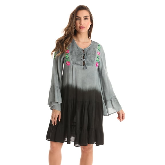 Riviera Sun Short Flowy Casual Dress with Crochet Front & Bell Sleeves (Grey Black Tie Dye, Small)
