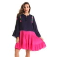 thumbnail image 1 of Riviera Sun Short Flowy Casual Dress with Crochet Front & Bell Sleeves (Navy Fuchsia Tie Dye, Large), 1 of 3