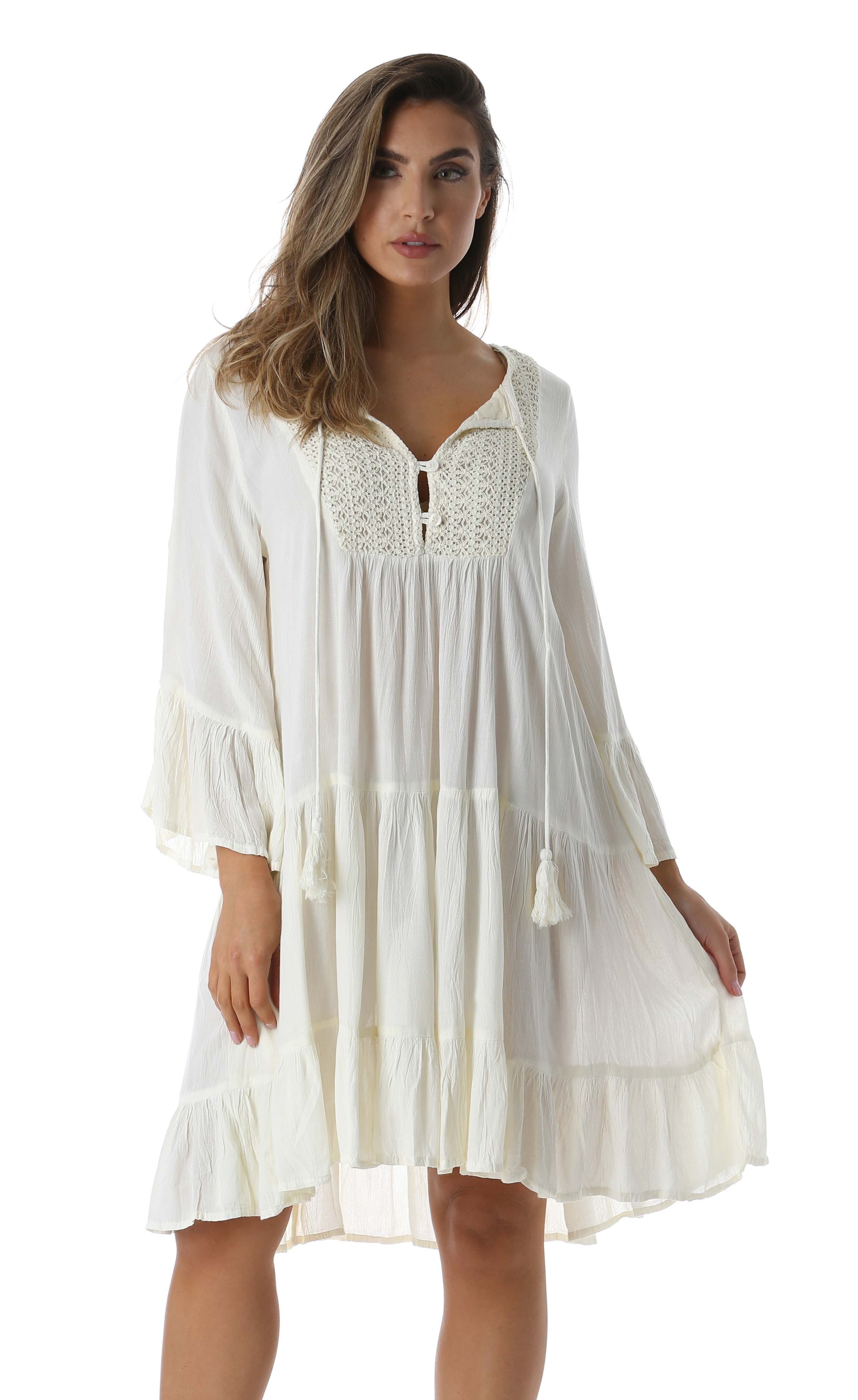 Riviera Sun Short Flowy Casual Dress with Crochet Front & Bell Sleeves — free download