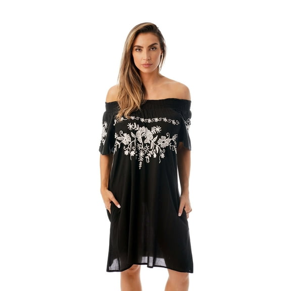 Riviera Sun Short Sleeve Off Shoulder Dress 21831-BLK-M (Black With White Embroidery, Small)