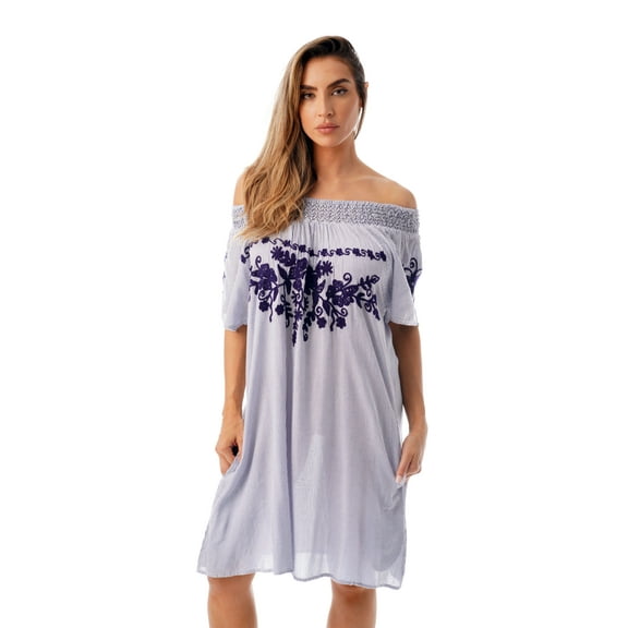 Riviera Sun Short Sleeve Off Shoulder Dress 21831-BLK-M (Blue Stripe with Navy Embroidery, Medium)
