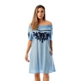 thumbnail image 1 of Riviera Sun Short Sleeve Off Shoulder Dress 21831-BLK-M (Light Denim with Navy Embroidery, Large), 1 of 3