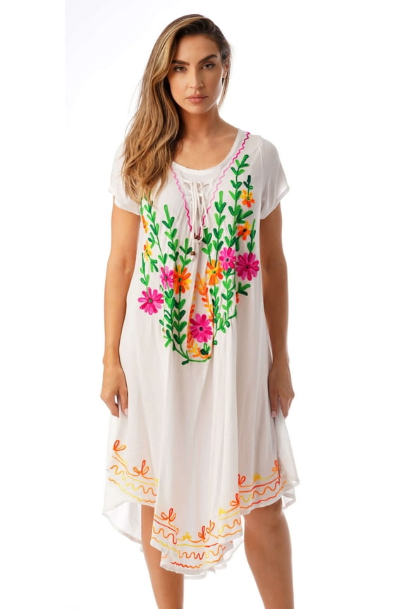 Short Sleeve Umbrella Dresses for Women (White, 1X)