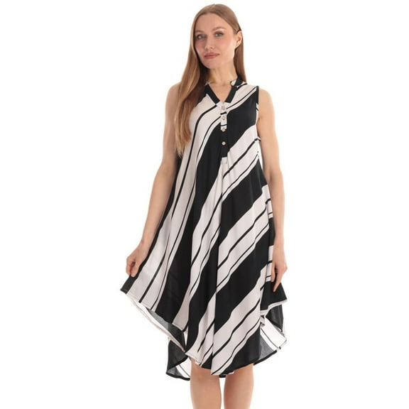 Riviera Sun Sleeveless Umbrella Dresses for Women (Black White Stripe, Large)