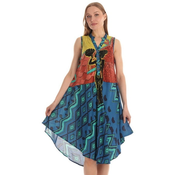 Riviera Sun Sleeveless Umbrella Dresses for Women (Orange Blue Multi, Large)