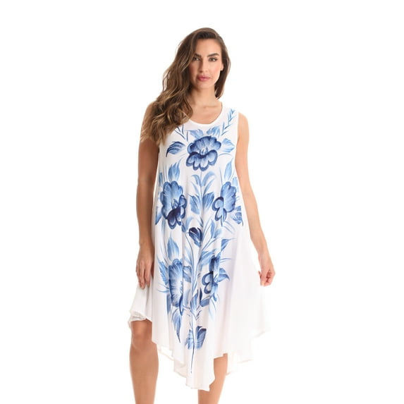Riviera Sun Sleeveless Umbrella Dresses for Women (White - Blue Flower, 1X)