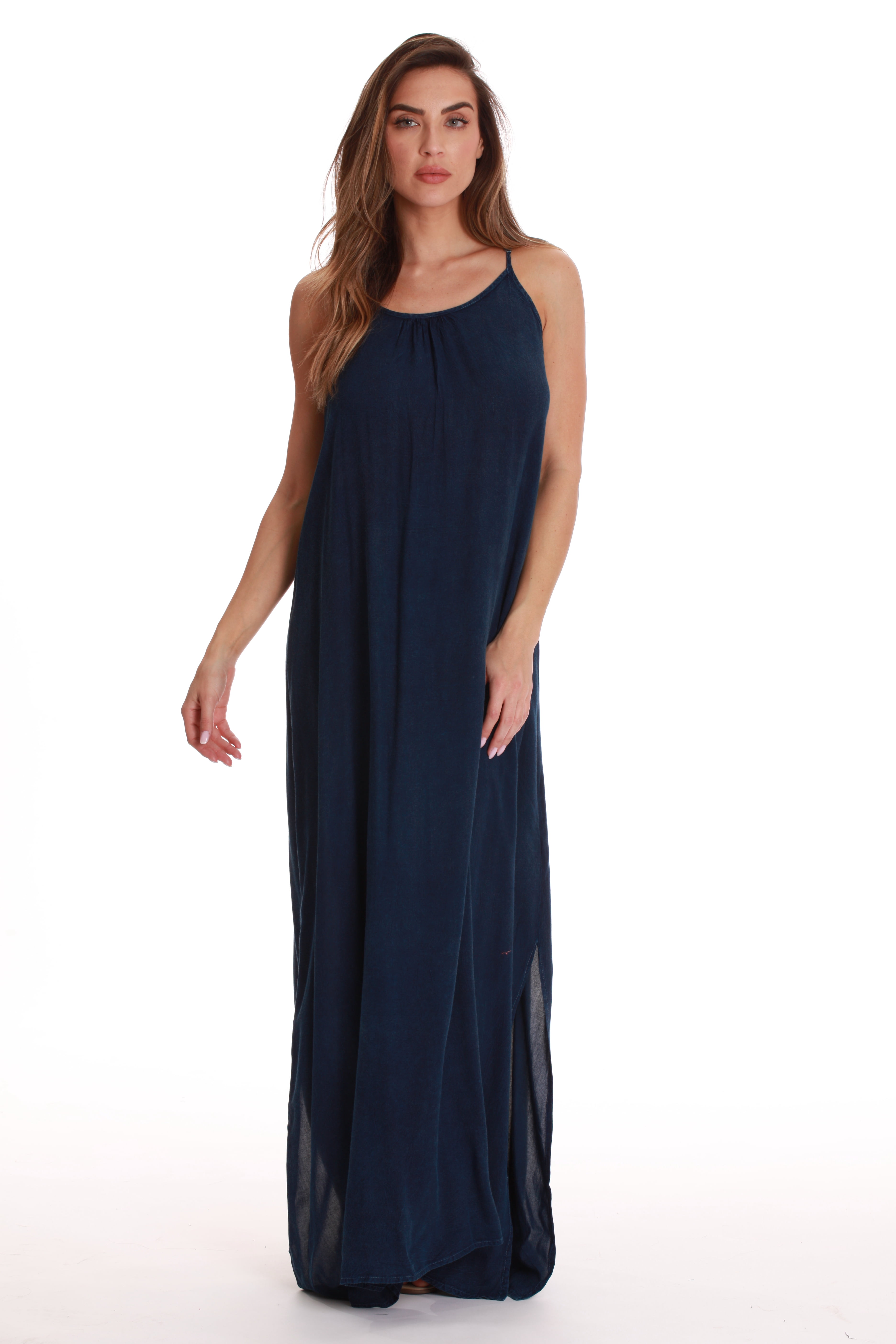 Riviera Sun Spaghetti Strap Maxi Dress - Navy & White Stripes, Rayon Challis, S-3X Sizes