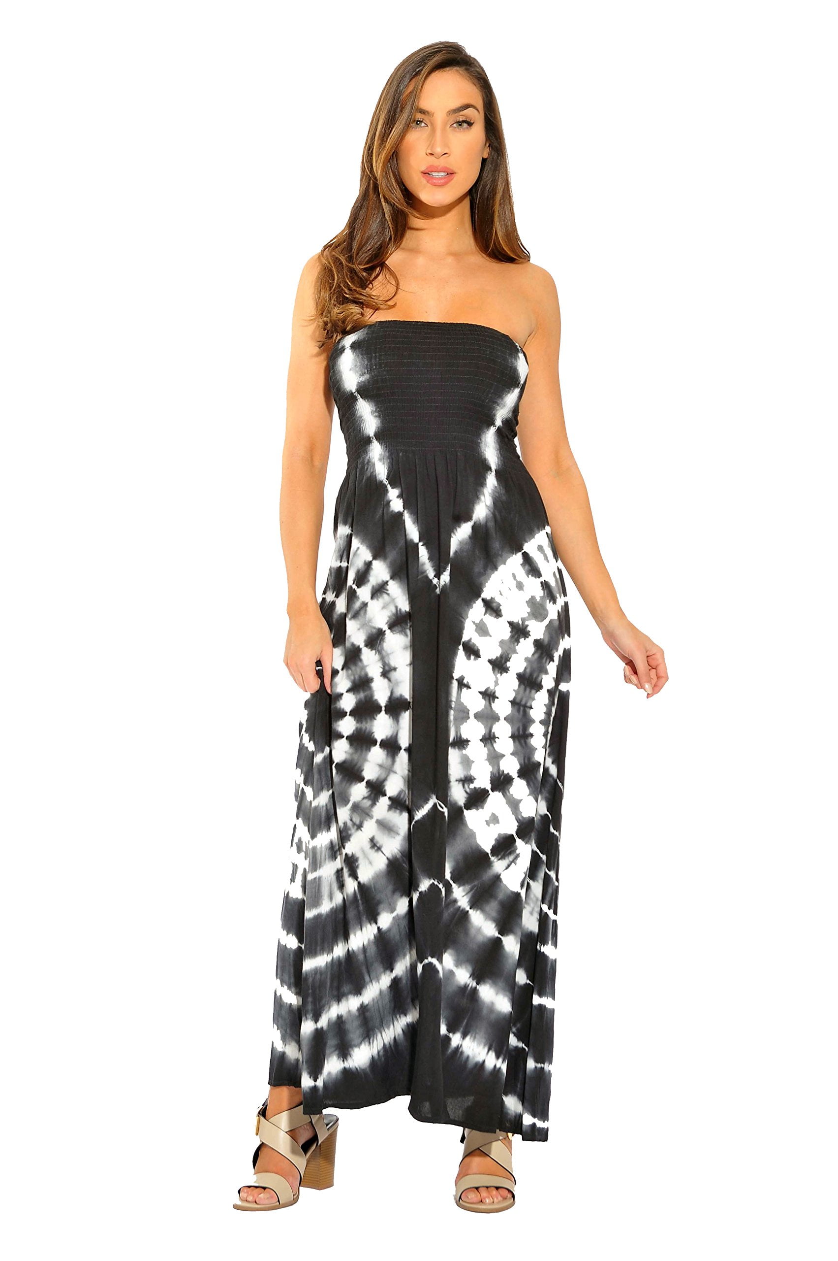 Riviera Sun Strapless Tube Maxi Dress Summer Dresses (Black / White, 2X
