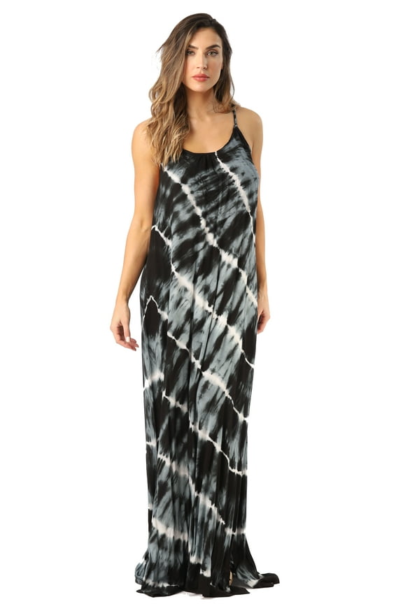 Women's Tie Dye Maxi Dress – Boho Beach & Summer Spaghetti Strap Sundress (Black, 2X)